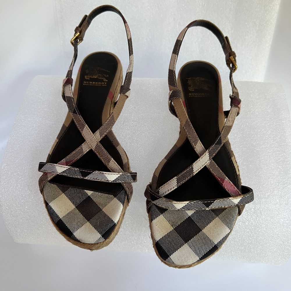 Burberry Nova Check Canvas Espadrille Sandals Criss Cross Strap Flat Sz 6 - Picture 3 of 15